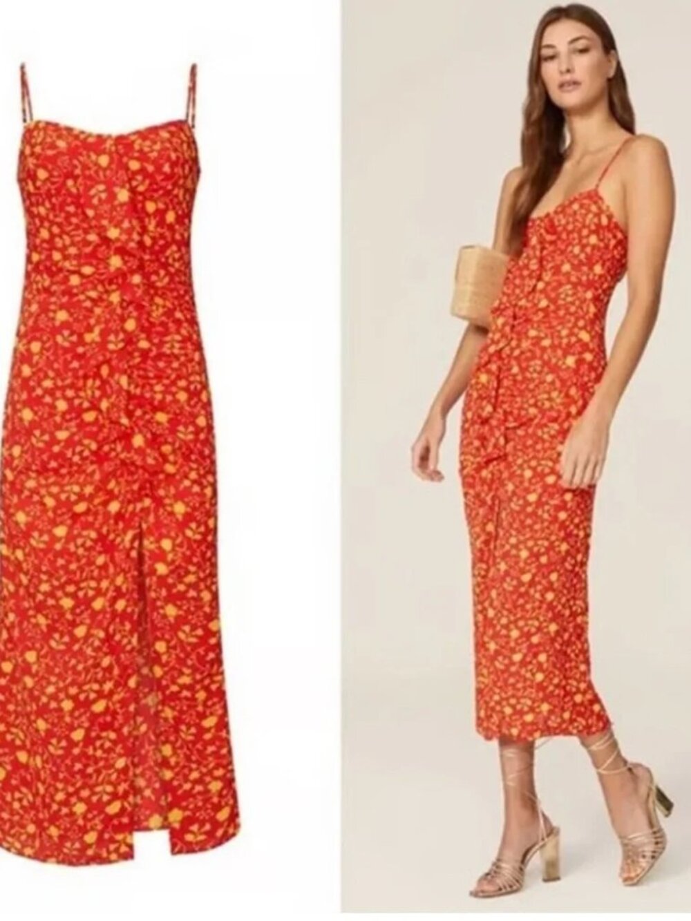 LIKELY Revolve Sallie Maxi Dress Red Ditsy Floral Ruffle Midi slip summer party